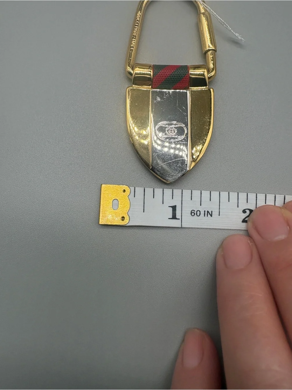 Vintage Gucci Rigato Shield Key Ring Web Stripe Gold Tone with COA